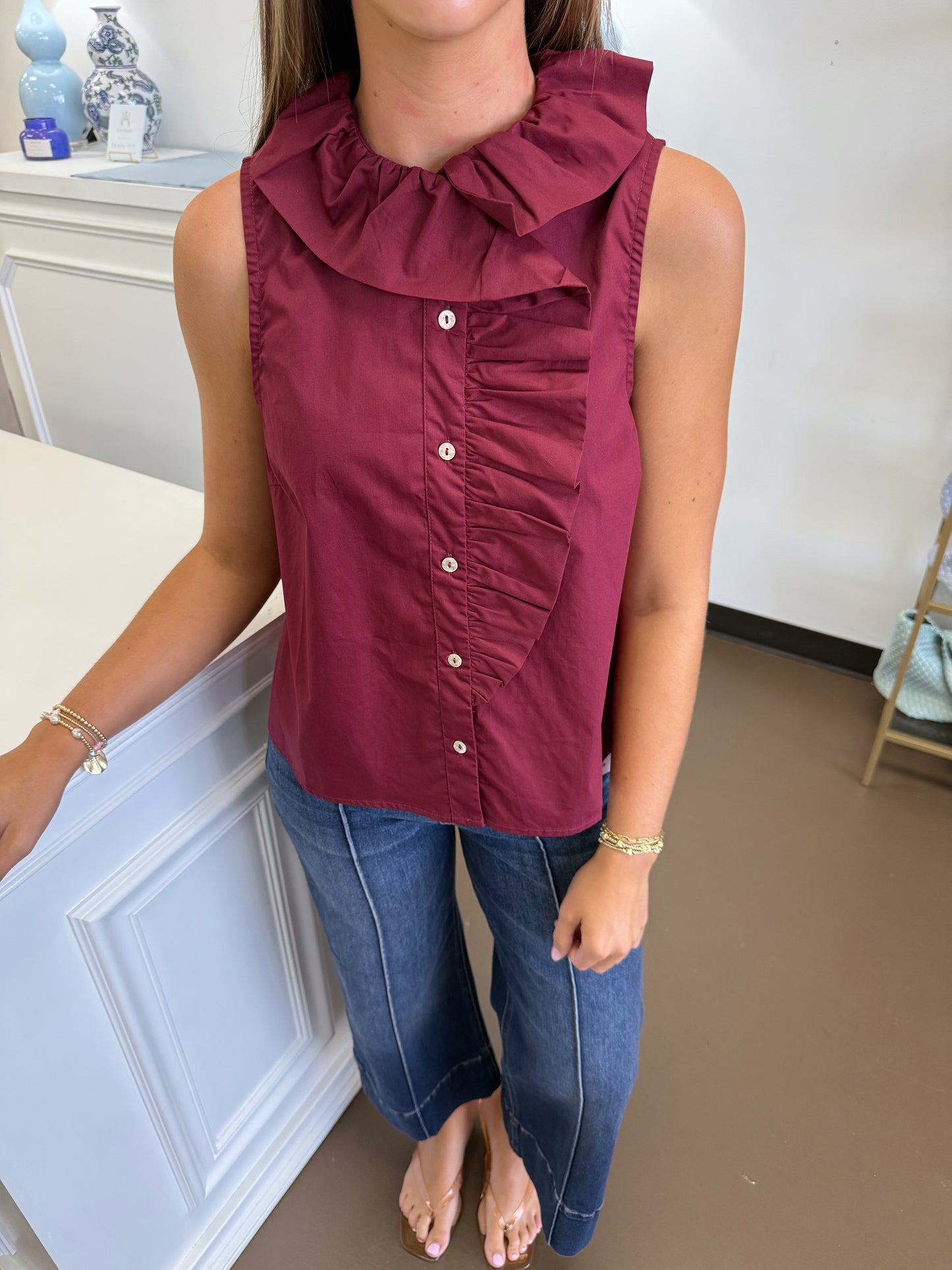 Perry Ruffle Button Down Sleeveless Top