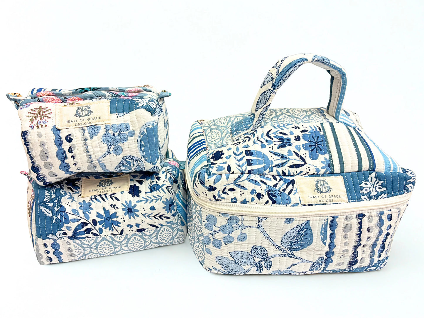 Bleu Chapelle Quilted Cosmetic Bag Set of 3