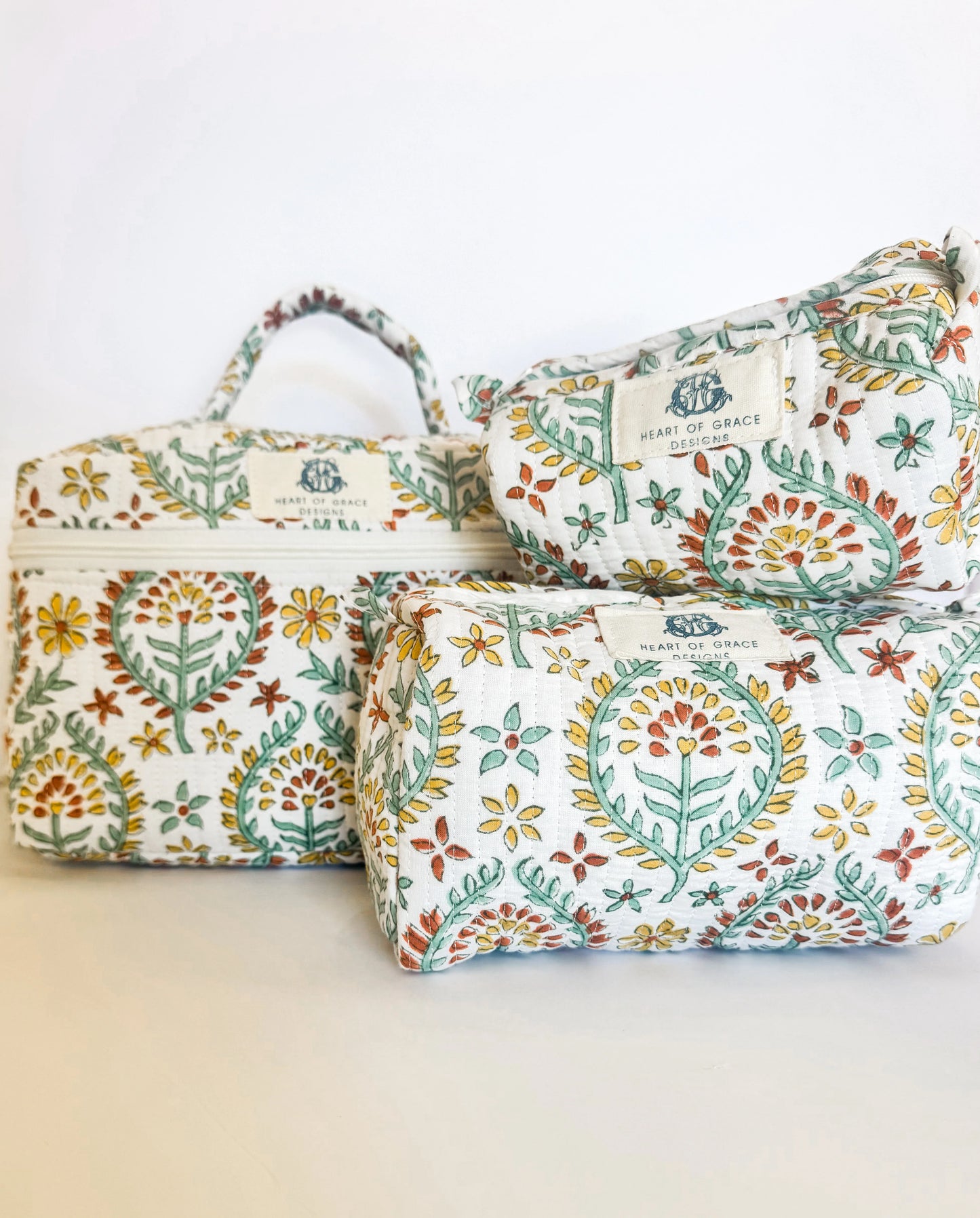 Soleil Sage Quilted Cosmetic Bag Set of 3