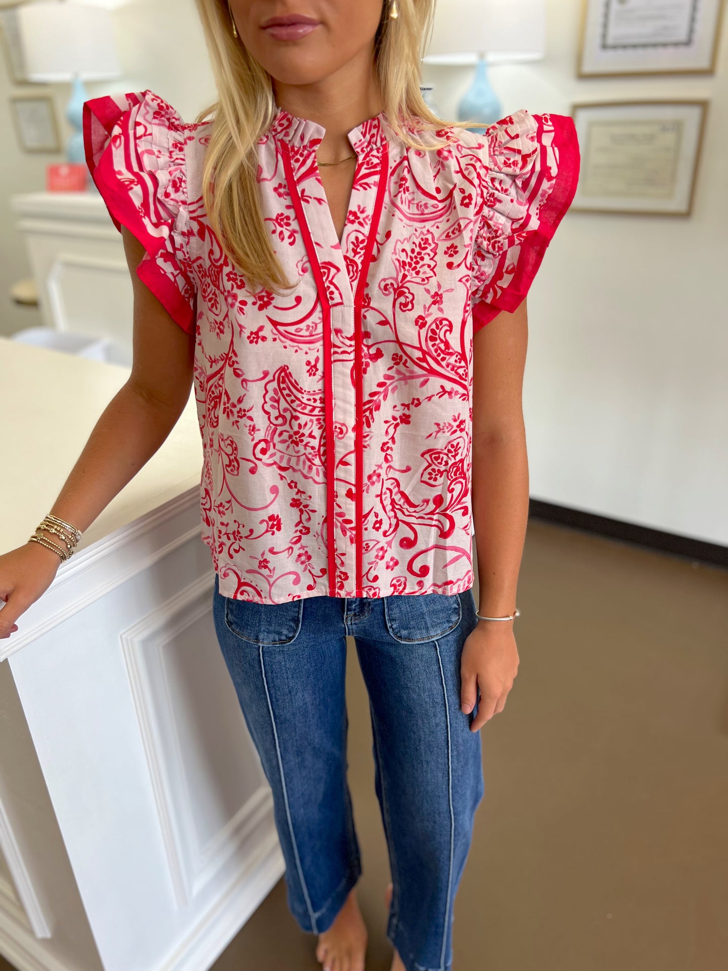 Paisley Print Ruffle Top