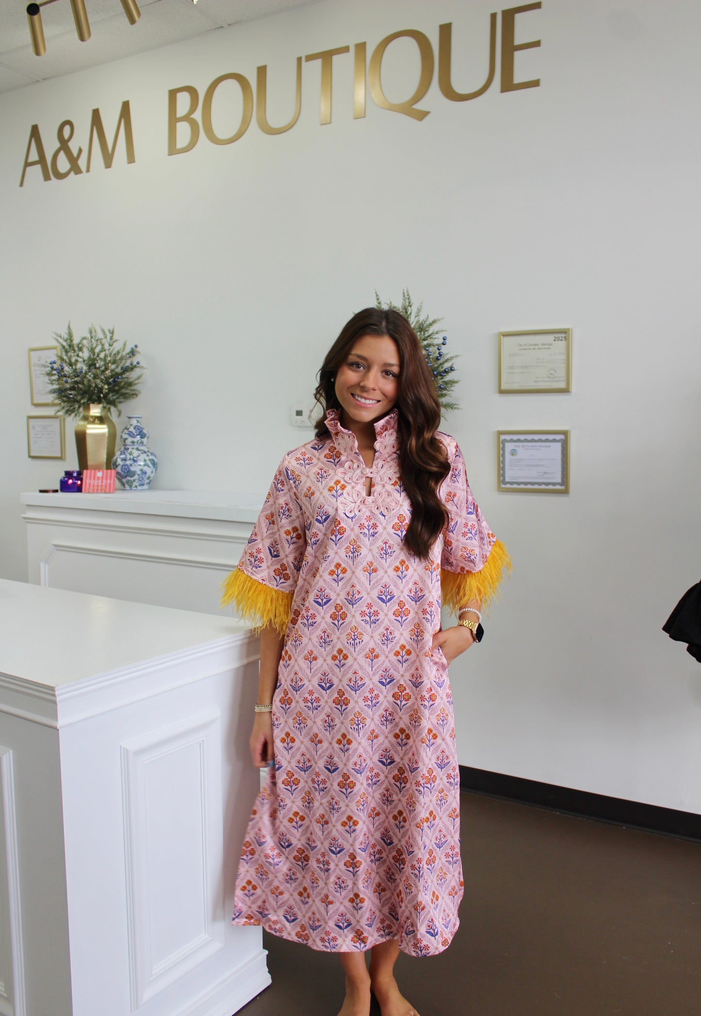 Goldenhour Grace Luxe Feather Maxi Dress