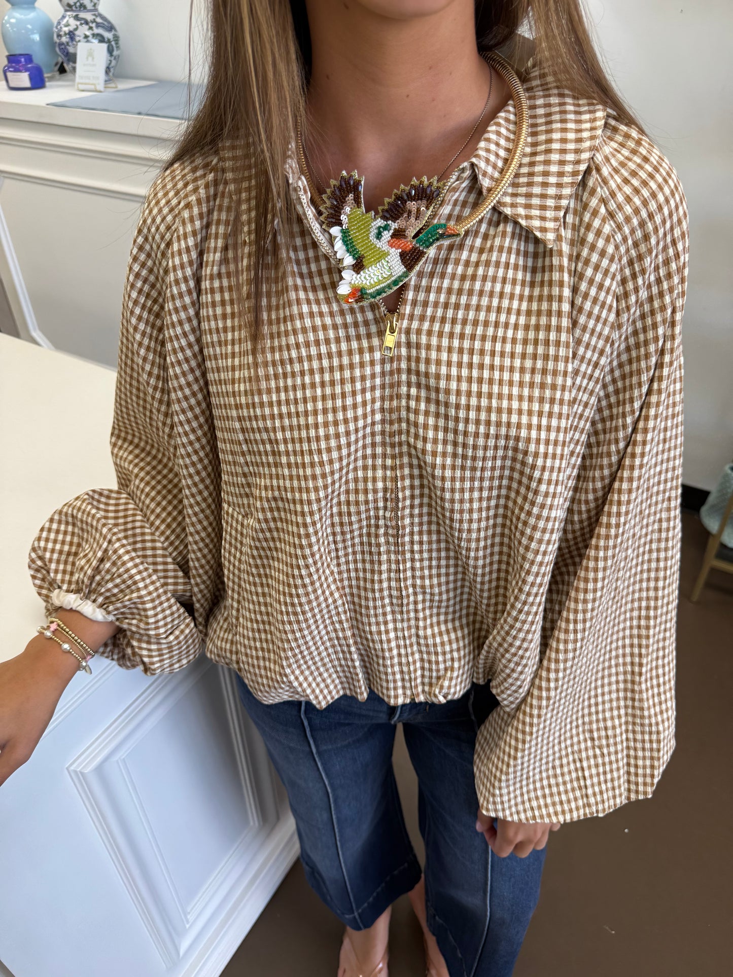 Lily Gingham Zip Up Top