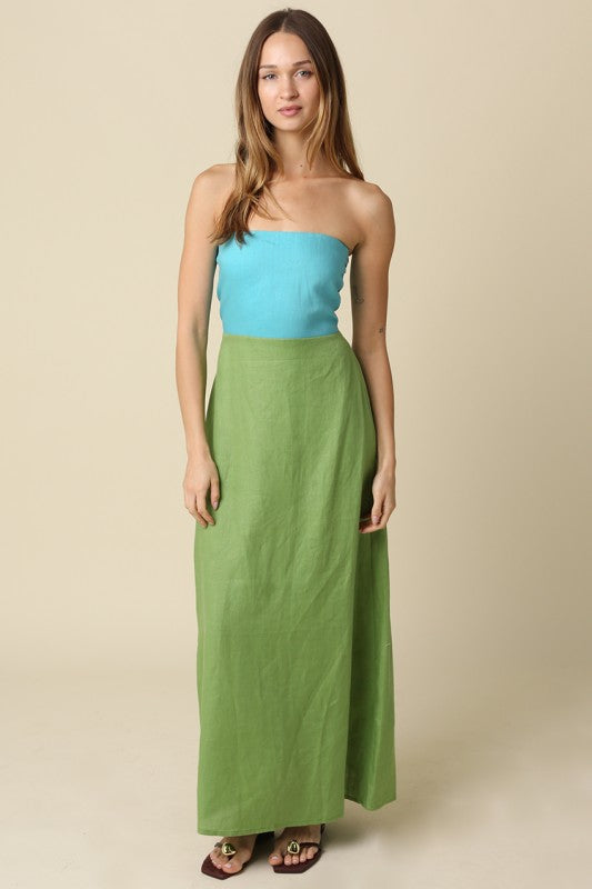 Mei Contrast Strapless Linen Maxi Dress
