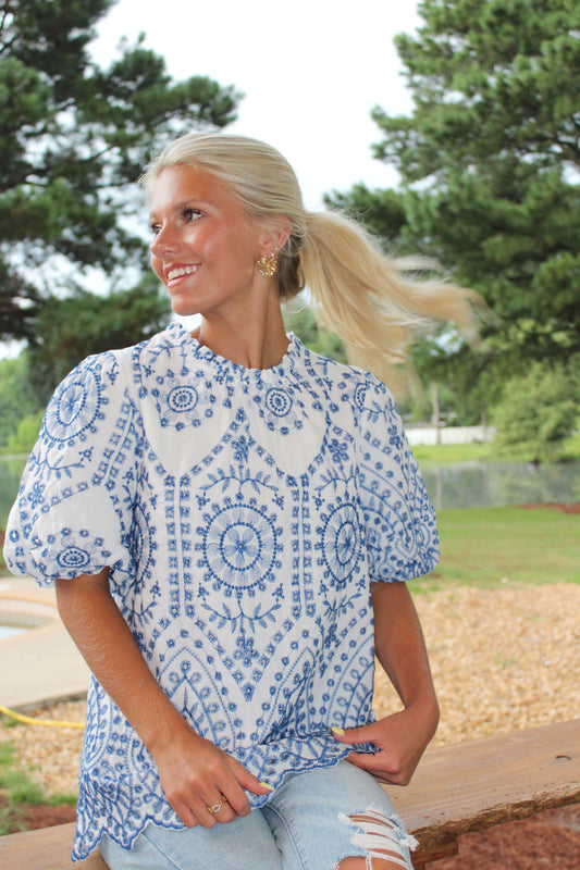 Scallop Hem Eyelet Top
