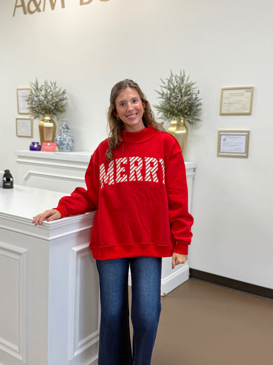 Merry Embroidered Mock Neck Sweatshirt