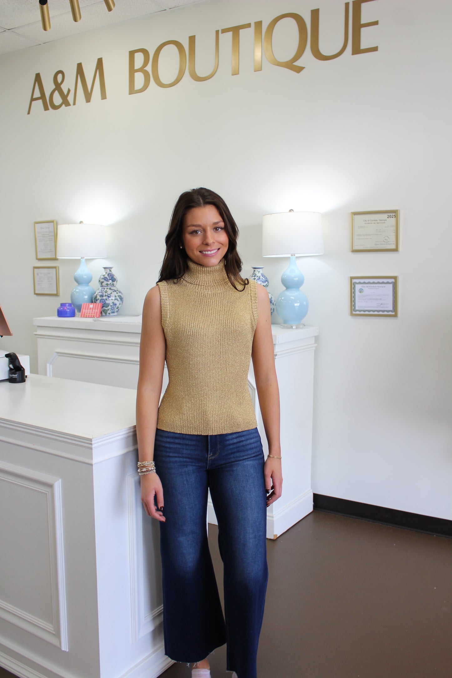Amy Turtleneck Metallic Knit Top