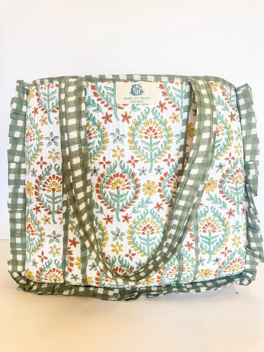Soleil Sage Large Quilted Ruffle Tote Bag