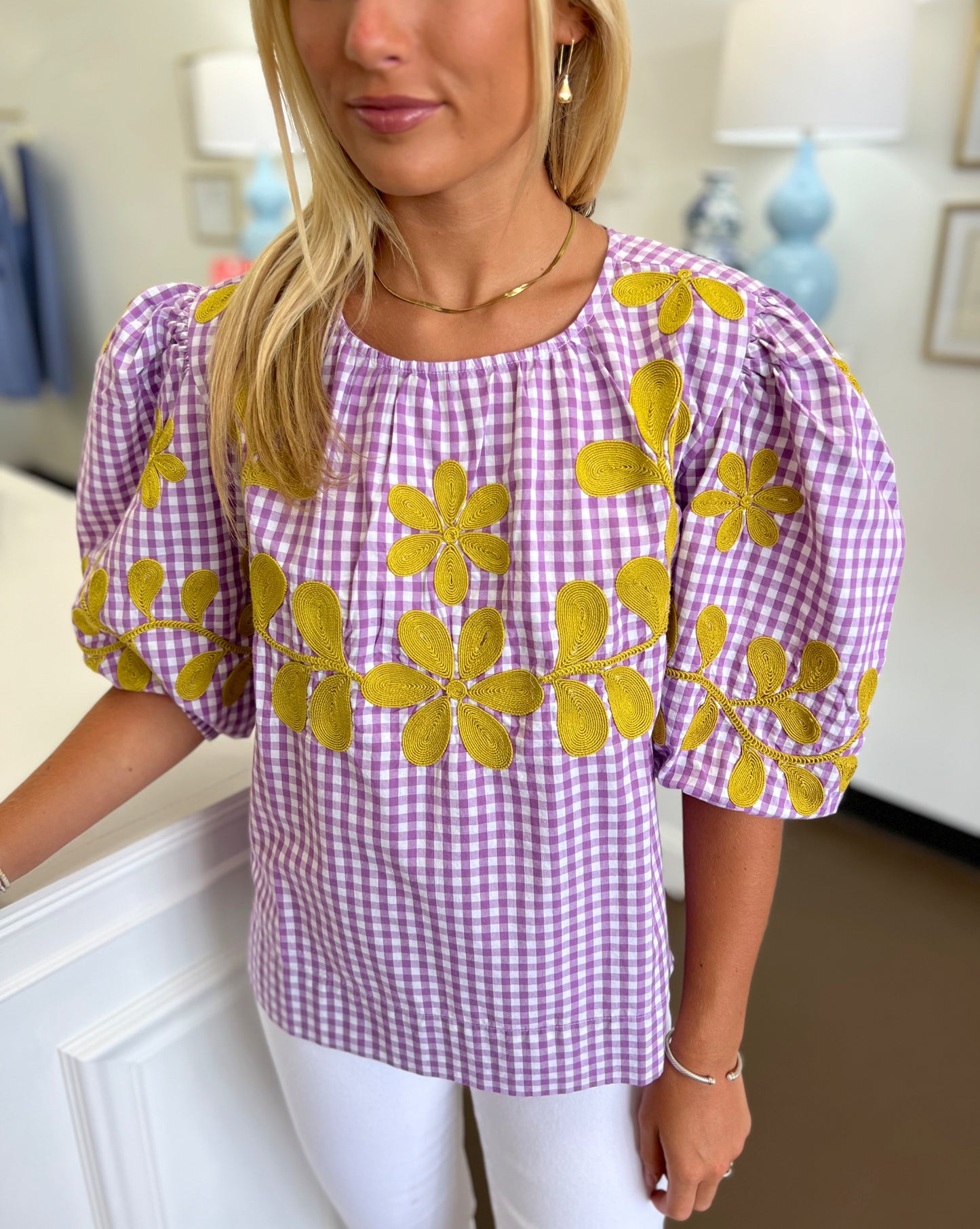 Checkered Embroidered Top